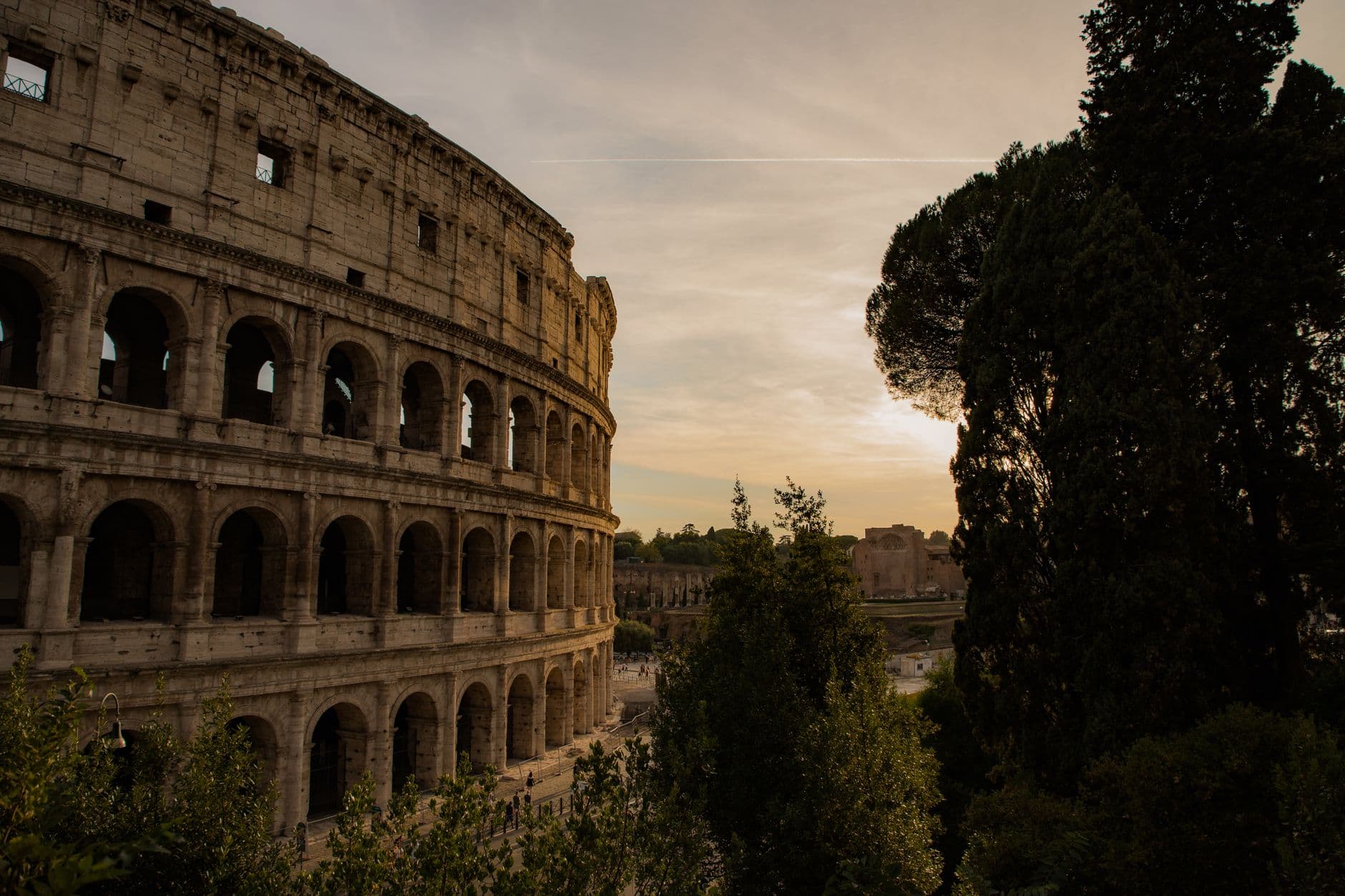Traveler holding a phone with the Colosseum in Rome lit up at dusk in the background