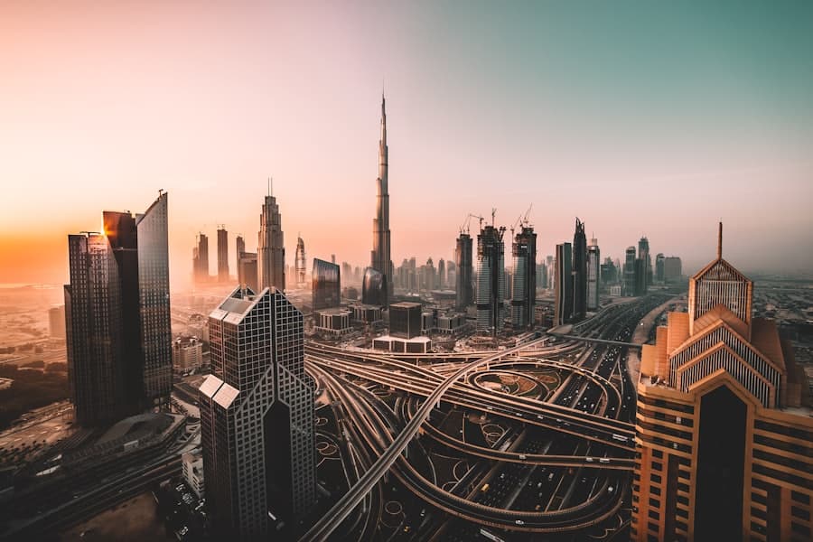 The Dubai skyline at dusk, United Arab Emirates