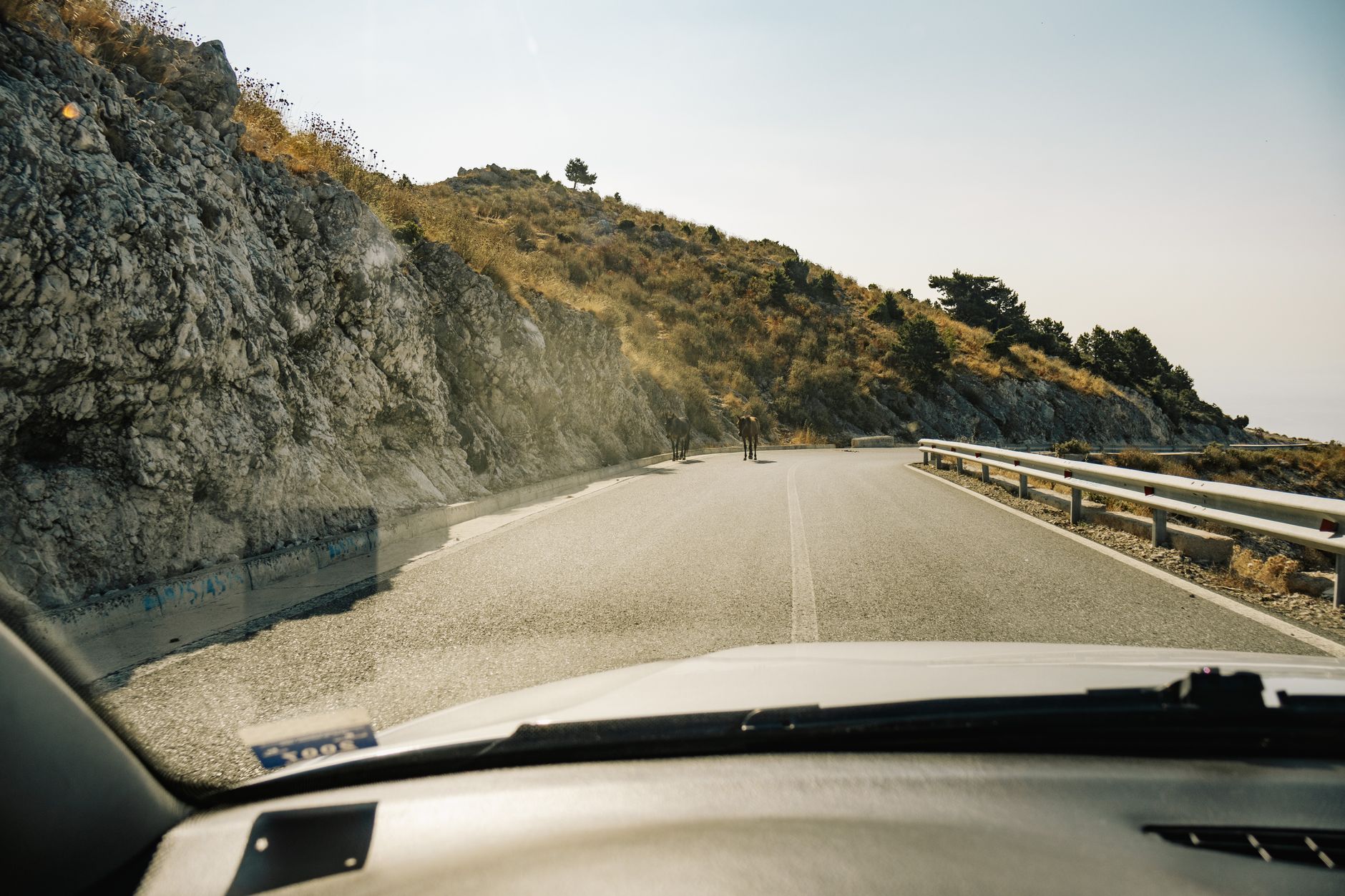 A winding mountain road, the Llogara Pass, overlooks the stunning turquoise waters of the Albanian Riviera and the Ionian Sea, with lush green mountainsides.