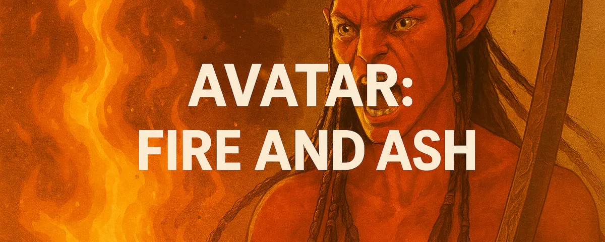Avatar: Fire and Ash blazes with intense visuals of a fiery Na'vi warrior.