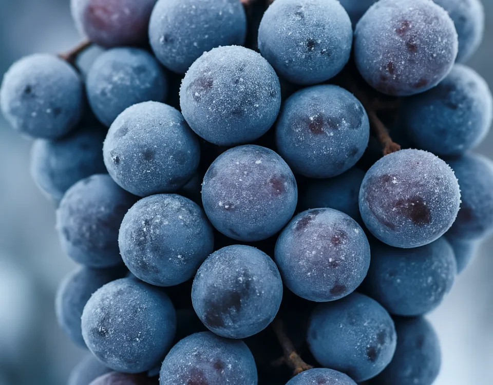 What is ice wine visual showing grapes frozen for Canadian icewine and German Eiswein production.