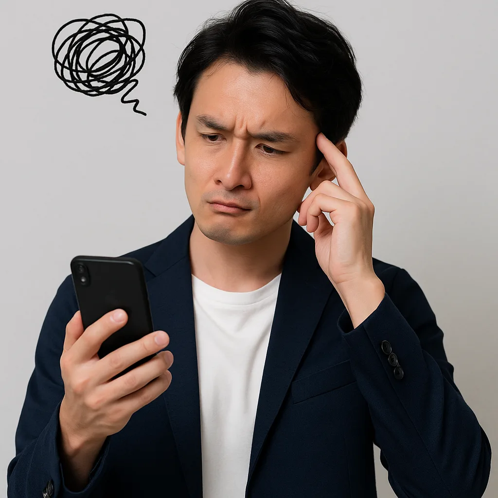 esim おすすめに迷う男性 – スマホを見て困惑する表情の日本人男性