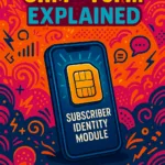 SIM full form illustrated as a glowing yellow SIM card inside a smartphone, surrounded by bright Indian motifs and tech icons, representing Subscriber Identity Module.