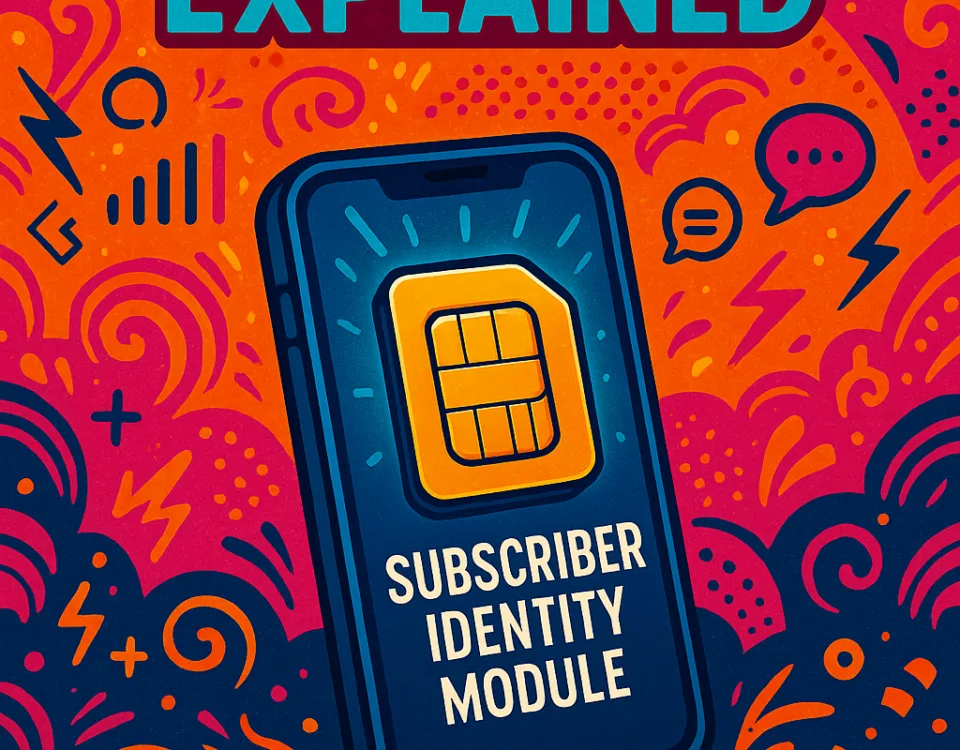 SIM full form illustrated as a glowing yellow SIM card inside a smartphone, surrounded by bright Indian motifs and tech icons, representing Subscriber Identity Module.