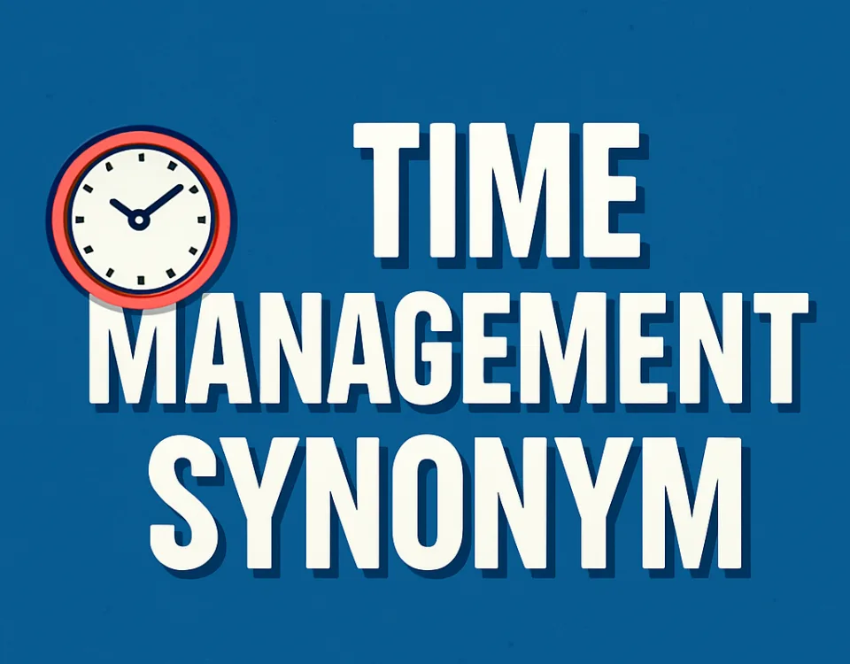 Time management synonym text with a clock icon on a blue background.
