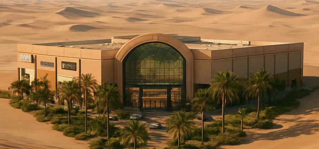Westside Chennai mall surrounded by lush greenery in a desert oasis, symbolizing a stylish escape and retail haven.