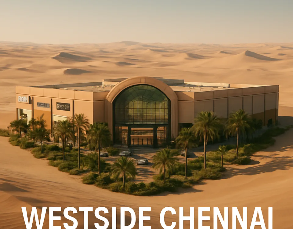 Westside Chennai mall surrounded by lush greenery in a desert oasis, symbolizing a stylish escape and retail haven.