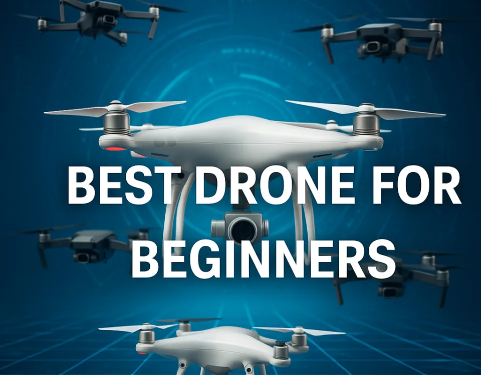 Best drone for beginners — multiple drones flying in a futuristic digital background formation.