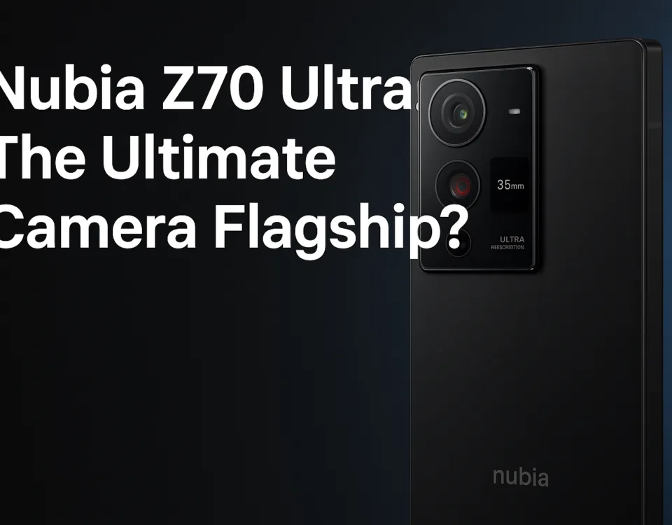 Nubia Z70 Ultra smartphone close-up with camera module and text overlay saying “The Ultimate Camera Flagship?”