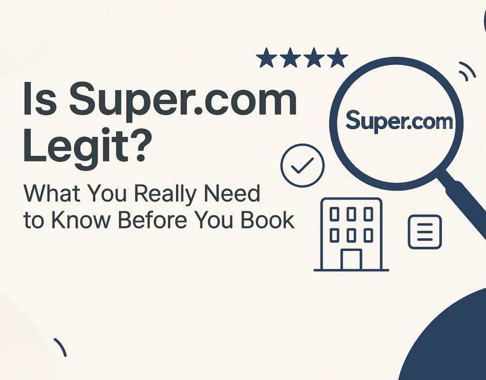 Is Super.com Legit with icons of a magnifying glass, hotel, checkmark, and stars on a light background.