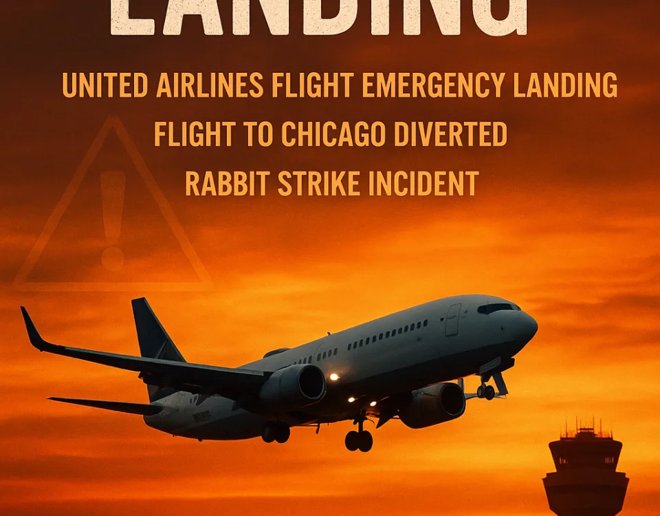 emergency landing of United Airlines flight after diversion to Chicago due to in-flight issue and rabbit strike incident.