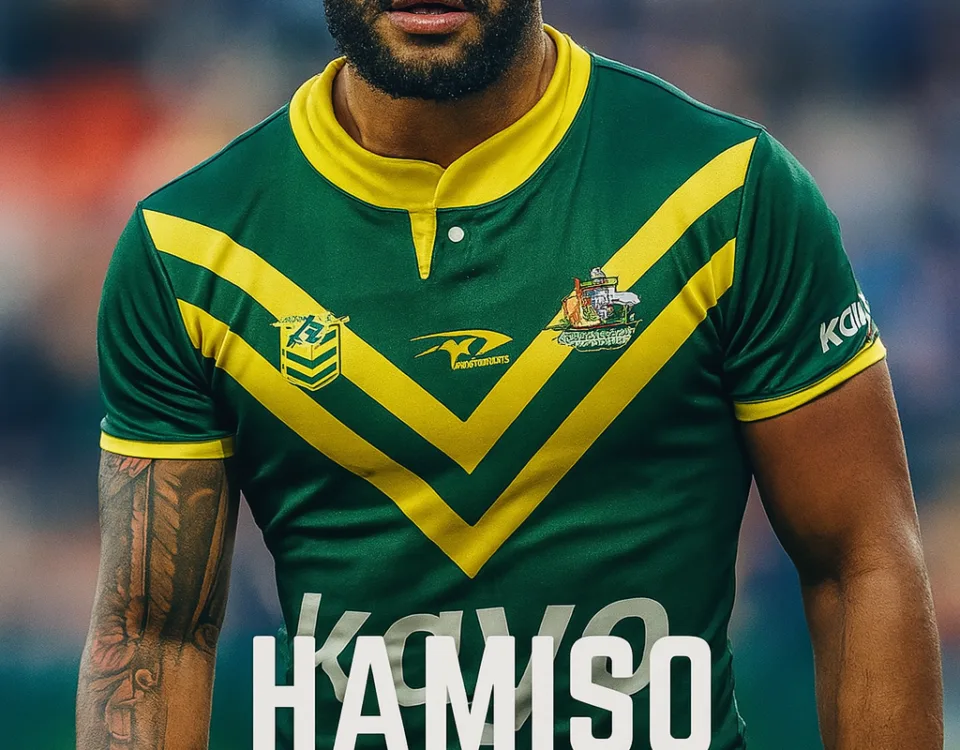 Hamiso Tabuai-Fidow wearing the Australian rugby league jersey, focused and ready on the field with bold lighting and a game-ready expression.