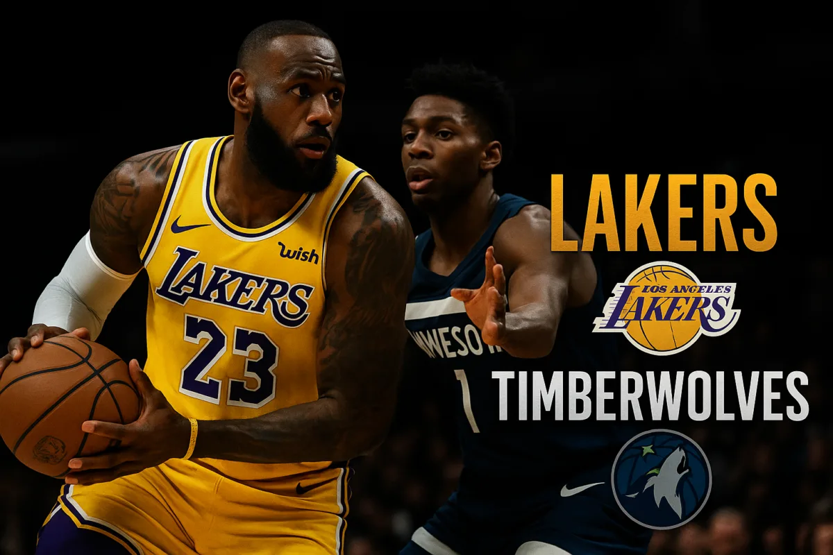 Lakers vs Timberwolves match player stats image featuring LeBron and McDaniels face-off.