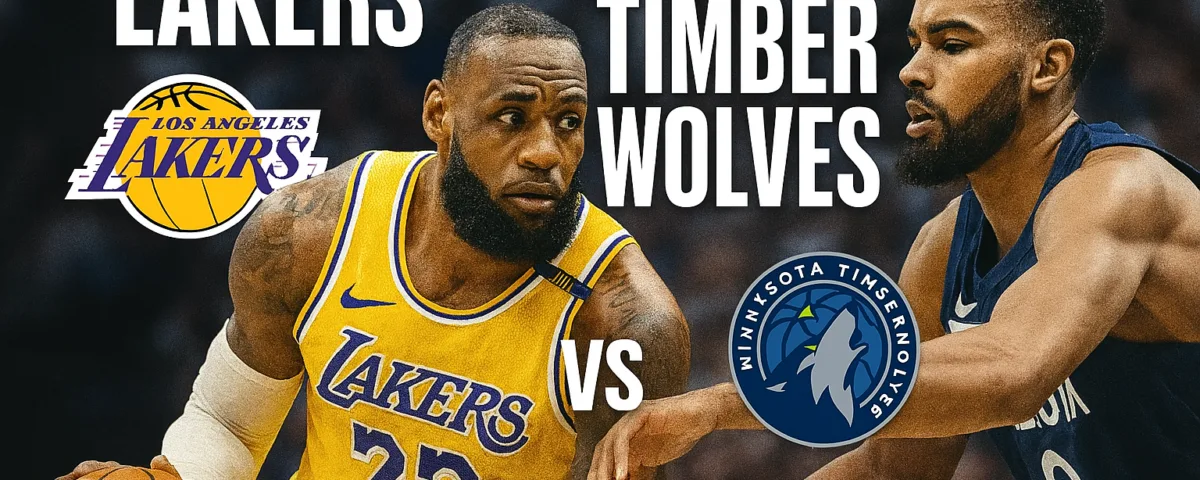 Lakers vs Timberwolves match player stats graphic showing LeBron and Timberwolves defender in action.