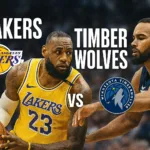 Lakers vs Timberwolves match player stats graphic showing LeBron and Timberwolves defender in action.