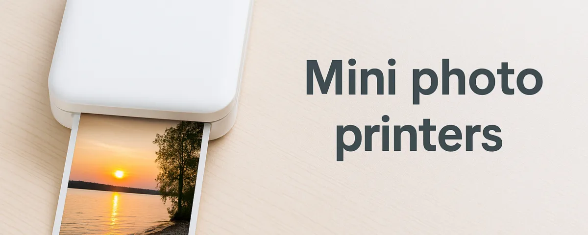 Mini photo printers on a wooden surface printing a sunset photo, highlighting portable and user-friendly design.