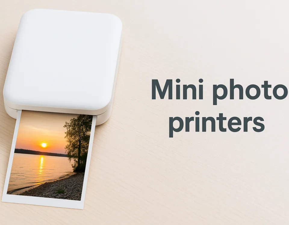 Mini photo printers on a wooden surface printing a sunset photo, highlighting portable and user-friendly design.