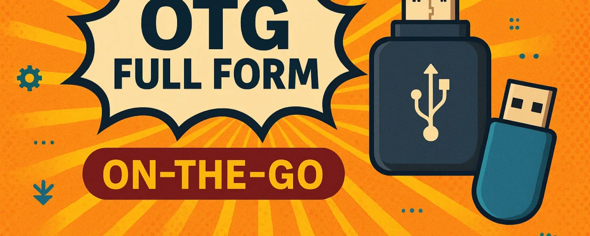 OTG full form shown with USB devices and bright decorative Indian patterns on an orange background, representing On-The-Go functionality.