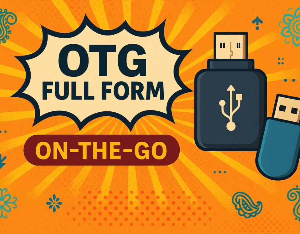 OTG full form shown with USB devices and bright decorative Indian patterns on an orange background, representing On-The-Go functionality.