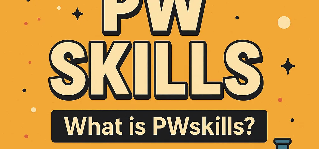 PWSkills visual with bold title and educational icons including a laptop, book, gear, and lab flask on a vibrant background, illustrating learning and upskilling.