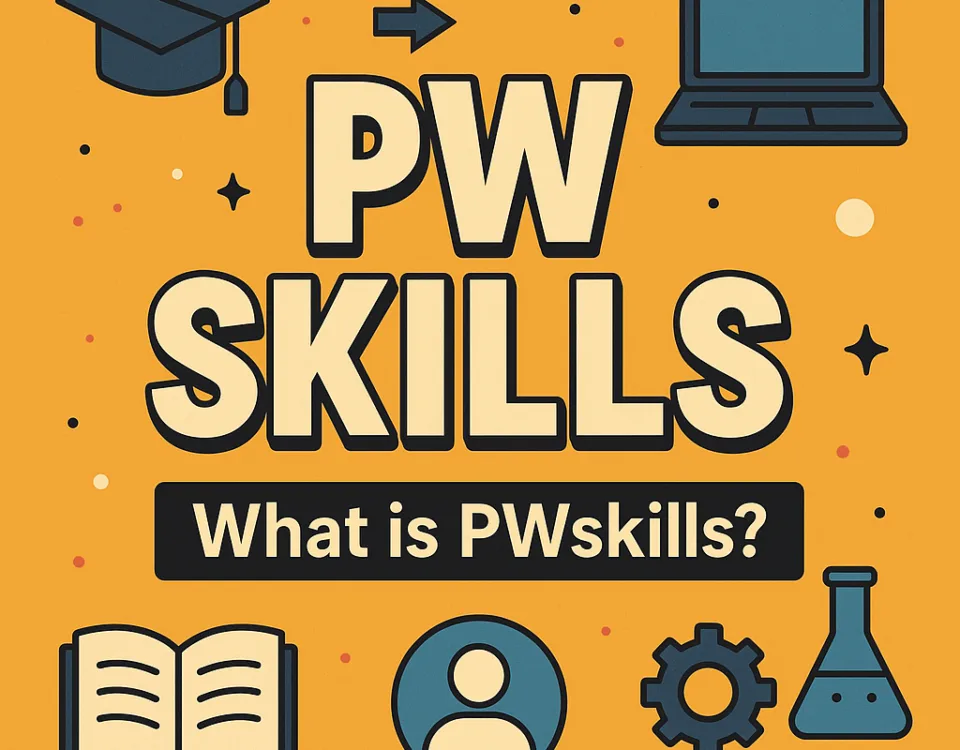 PWSkills visual with bold title and educational icons including a laptop, book, gear, and lab flask on a vibrant background, illustrating learning and upskilling.