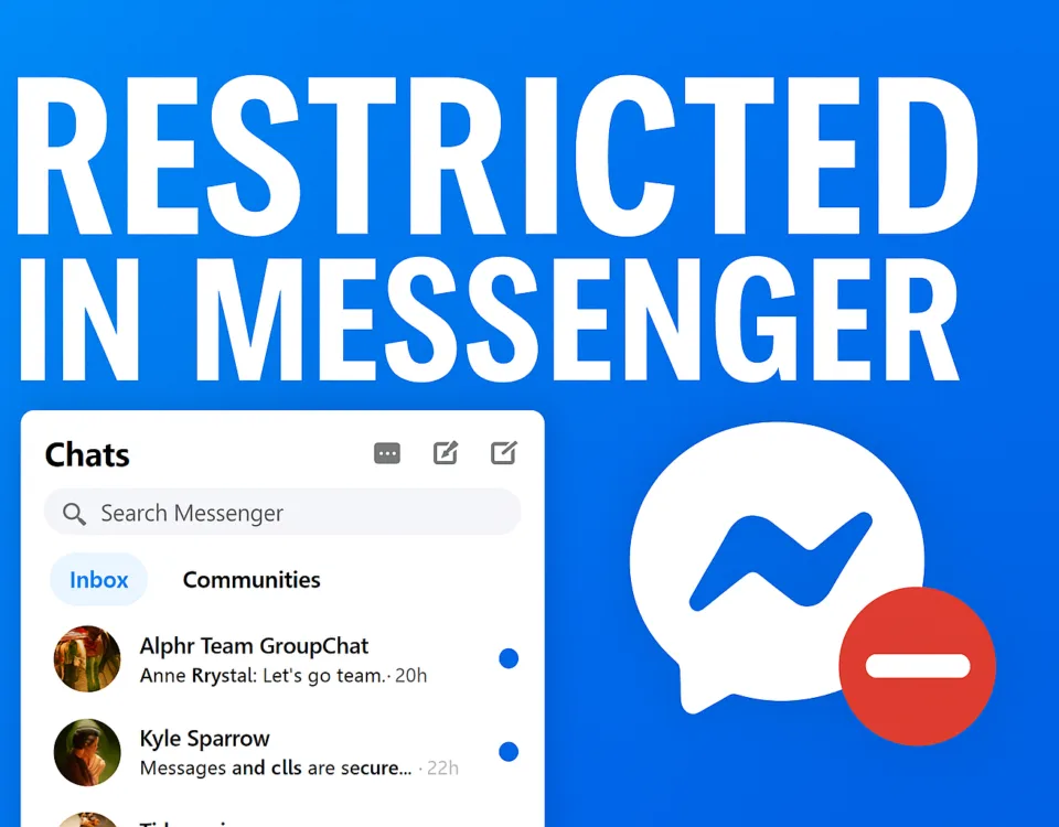 Restricted in Messenger graphic with Facebook chat preview and restriction icon.