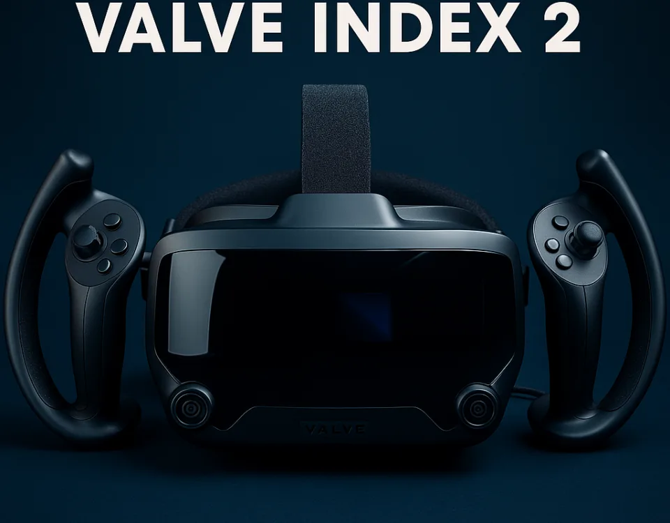Valve Index 2 virtual reality headset with controllers on a dark blue background and title text overlay.