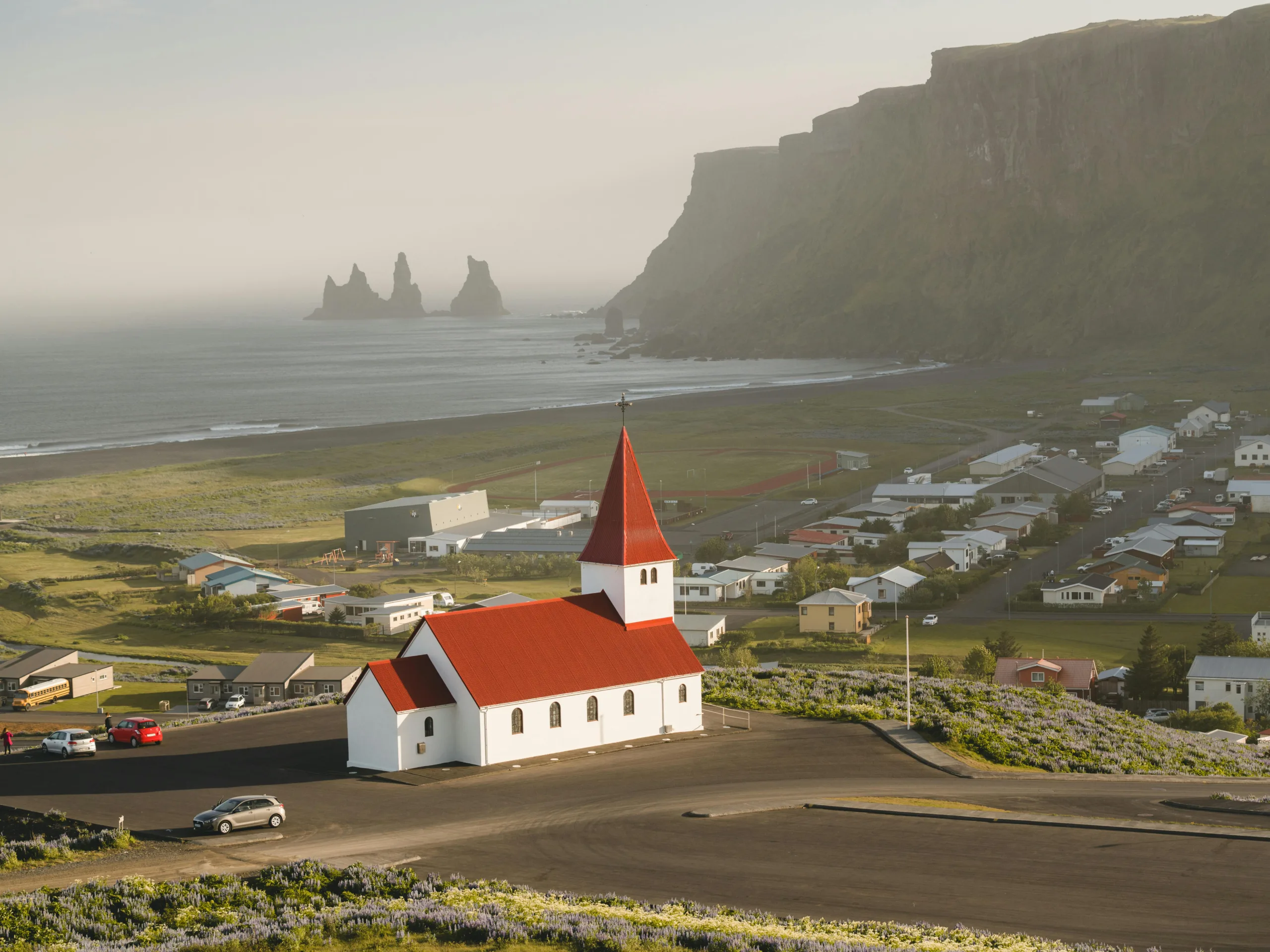 Vik Beach Iceland with black sand, basalt columns, and crashing Atlantic waves