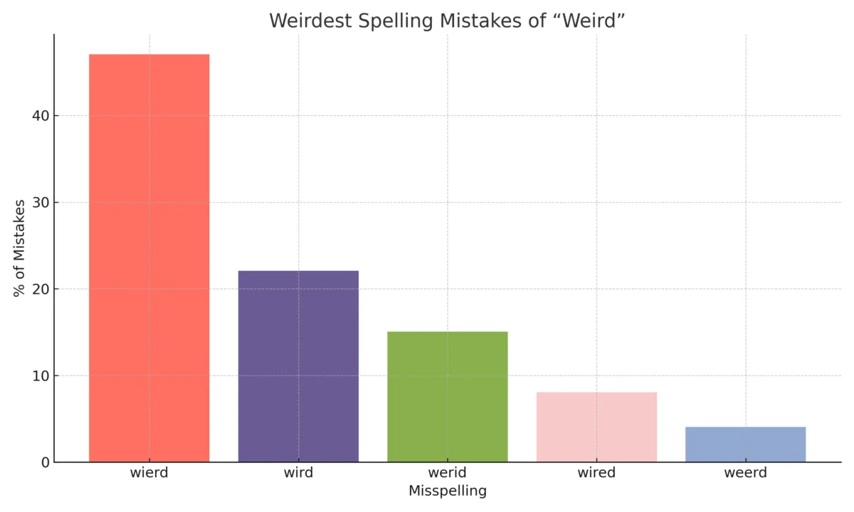 Wierd or weird spelling chart showing most common misspellings like wierd, wird, and werid with grammar stats