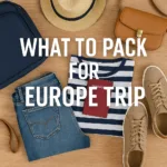 What to pack for Europe trip flat lay with backpack and travel clothes.