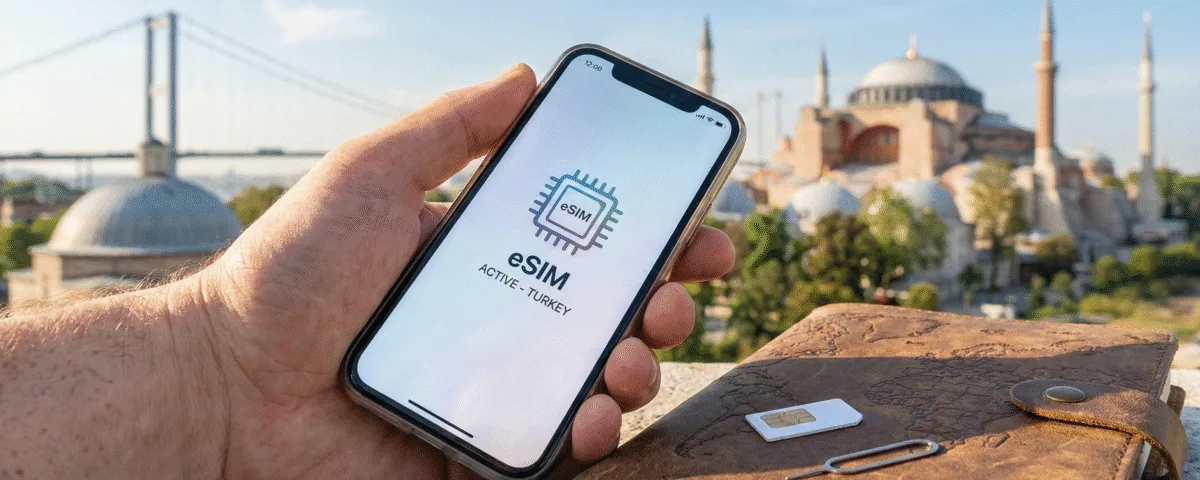 A hand holds a smartphone displaying an active eSIM for Turkey alongside a traditional physical SIM card and tool, set against the backdrop of Istanbul's Hagia Sophia.