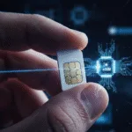 eSIM vs Physical SIM shown as a hand holding a physical card next to a glowing, digital circuit chip.