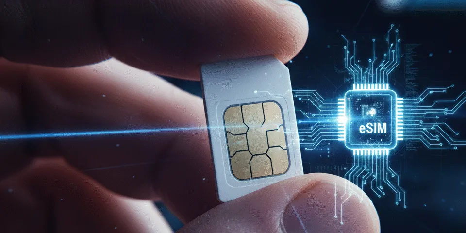 eSIM vs Physical SIM shown as a hand holding a physical card next to a glowing, digital circuit chip.