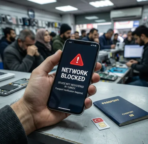 A close-up photograph of a smartphone displaying a red "NETWORK BLOCKED" alert due to the device not being registered in Turkey, held in a busy mobile shop with a passport and physical SIM card nearby.