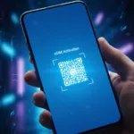 eSIM QR code displayed on a smartphone screen held by a hand, ready for scanning and digital activation.
