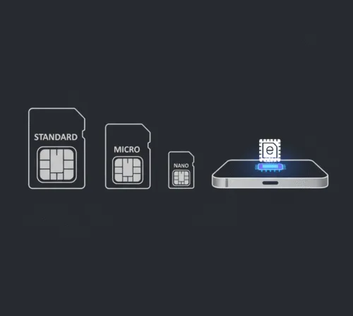 A visual comparison of SIM card sizes: Standard, Micro, Nano, and a smartphone displaying an embedded eSIM chip, showing the evolution of what is eSIM.