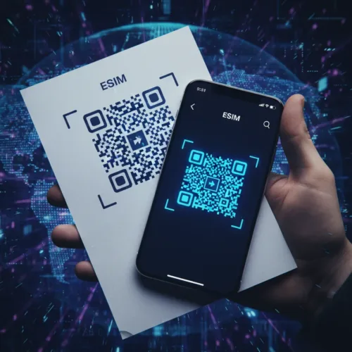eSIM QR code displayed on both a physical printout and a smartphone screen, emphasizing multiple ways to receive and activate it.