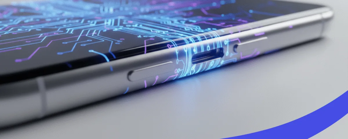 A high-tech, close-up shot of a smartphone's side. The traditional SIM card tray is overlaid with a glowing blue and purple circuit board pattern, illustrating what is eSIM: a digital, eSIM card.