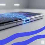 A high-tech, close-up shot of a smartphone's side. The traditional SIM card tray is overlaid with a glowing blue and purple circuit board pattern, illustrating what is eSIM: a digital, eSIM card.