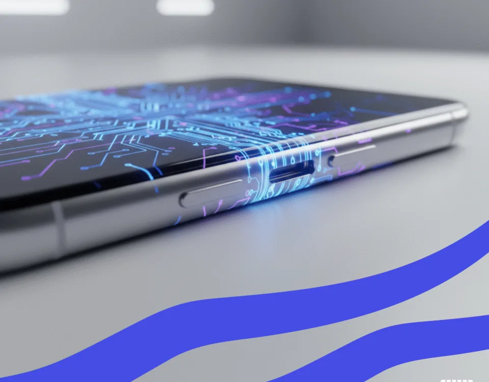 A high-tech, close-up shot of a smartphone's side. The traditional SIM card tray is overlaid with a glowing blue and purple circuit board pattern, illustrating what is eSIM: a digital, eSIM card.