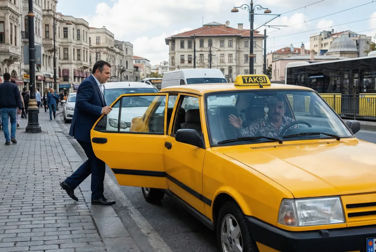 A street photograph showing a man in a suit entering a yellow Tofaş taxi on a busy street in historic Istanbul, illustrating local transportation tips for a Turkey travel guide.A street photograph showing a man in a suit entering a yellow Tofaş taxi on a busy street in historic Istanbul, illustrating local transportation tips for a Turkey travel guide.