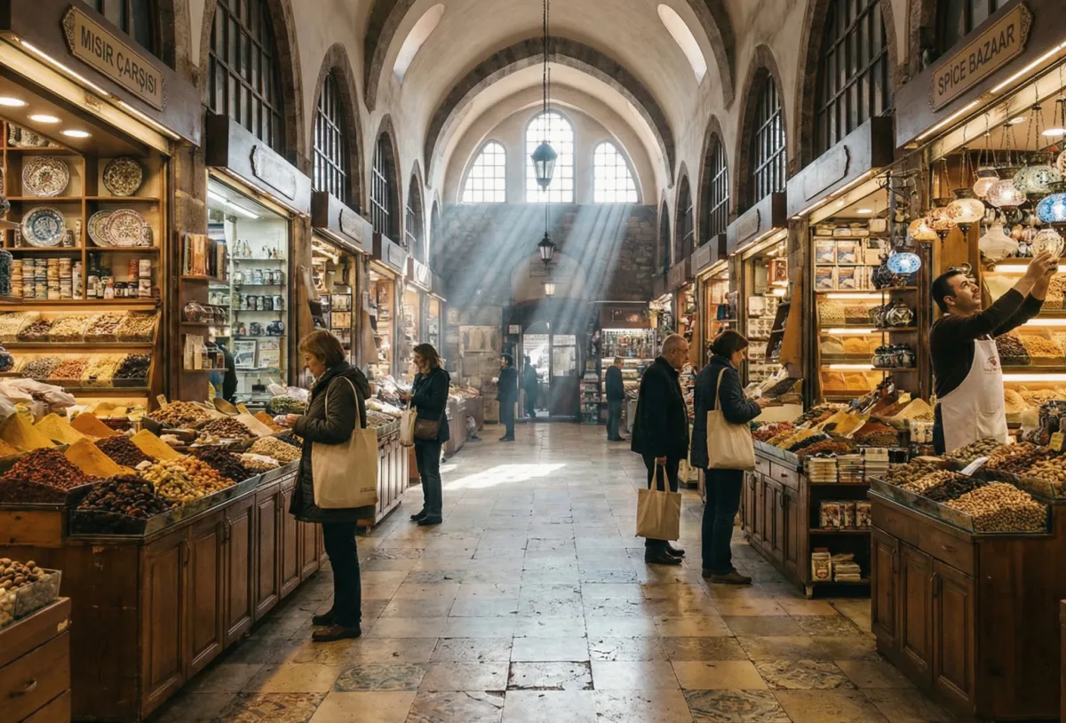 Interior photograph of Istanbul's historic Spice Bazaar, with dramatic sunlight beams illuminating colorful spice stalls, hanging lanterns, and a few quiet shoppers under arched stone ceilings.