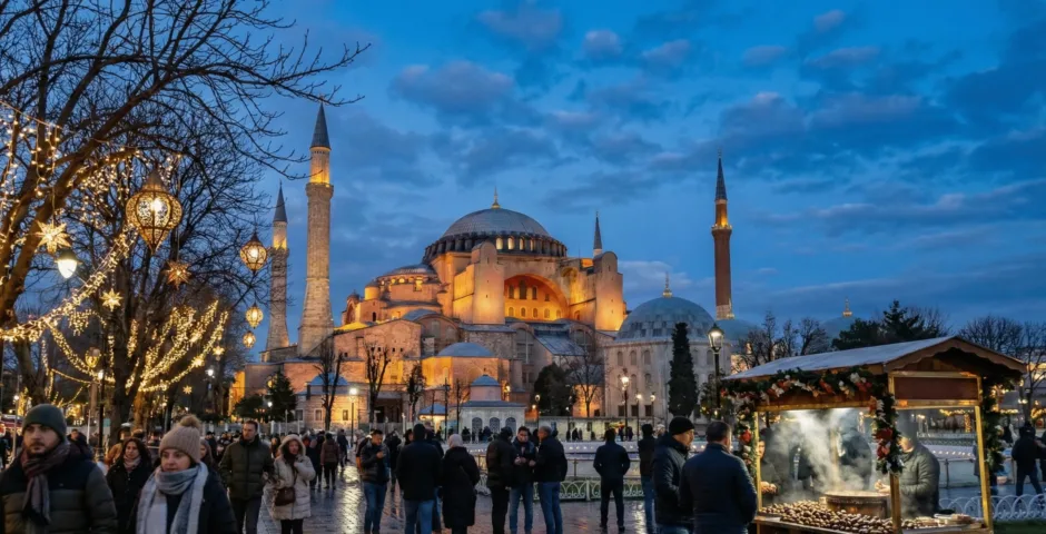 A festive winter photo of Hagia Sophia at twilight with crowds and a chestnut vendor in Istanbul, a Turkey travel guide highlight.