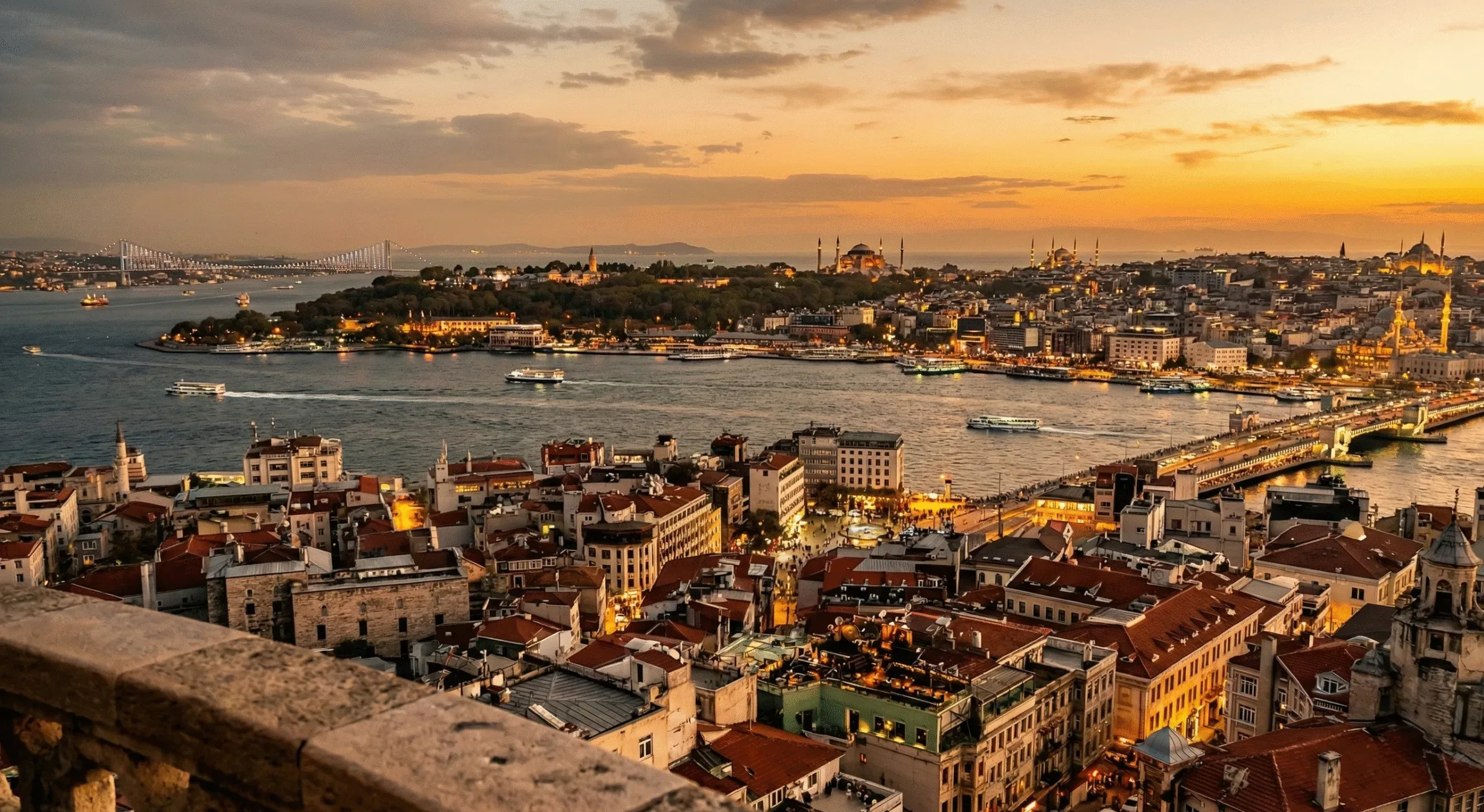 A sweeping sunset photograph from Galata Tower overlooking Istanbul's historic peninsula and Bosphorus, one of the most iconic places to visit in Turkey.
