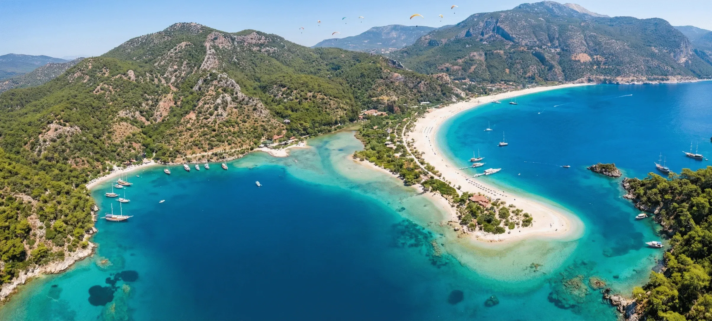 Stunning aerial view of the famous Ölüdeniz Blue Lagoon with its turquoise water and white sand beach in Fethiye, a top coastal place to visit in Turkey.