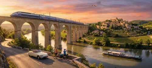 A sunset landscape in Provence showing a TGV train on a viaduct, a car, cyclists, and a river boat, illustrating transport options for a france travel guide.