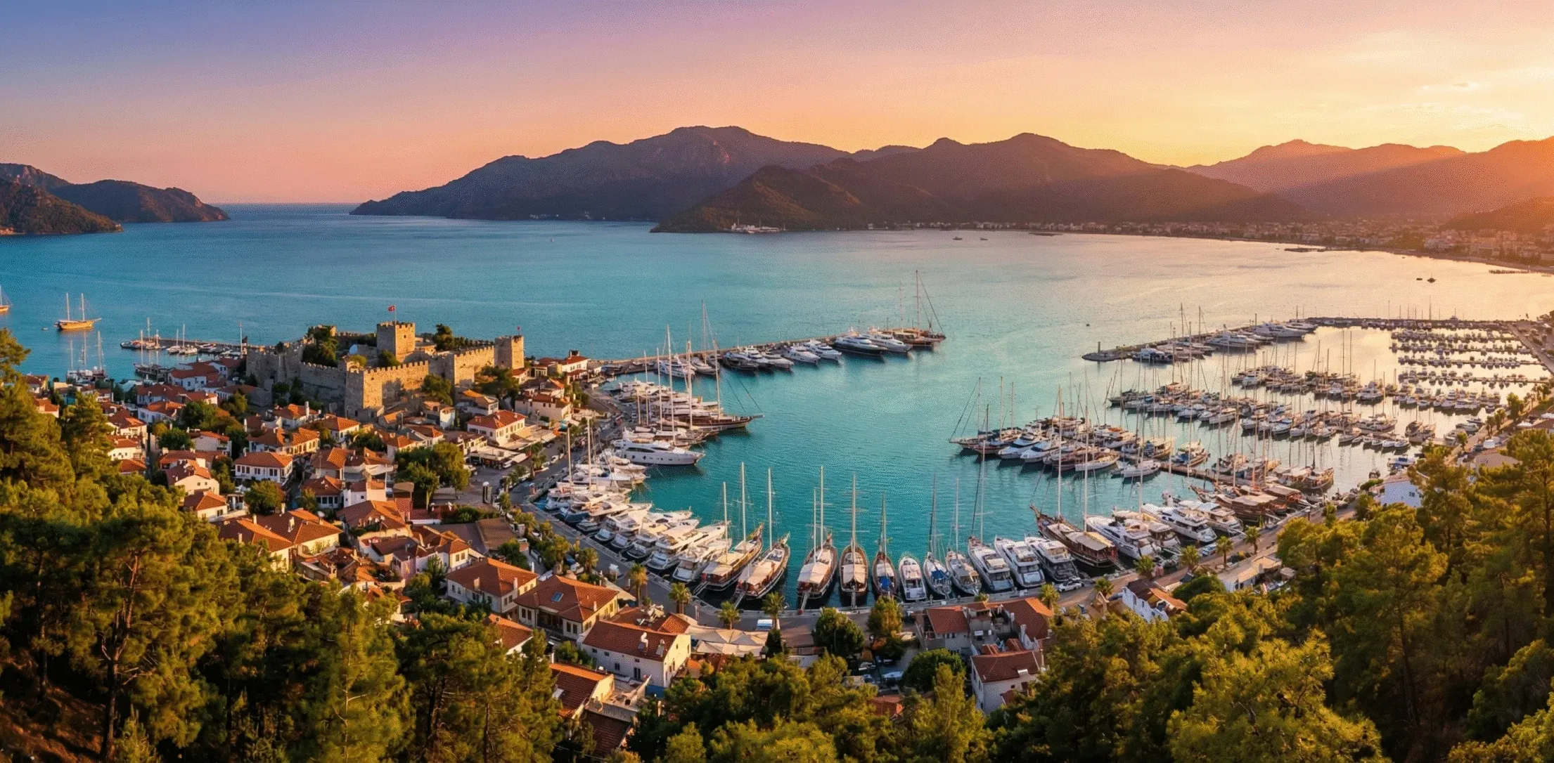 Panoramic sunset view of Marmaris Castle overlooking the large yacht marina and turquoise bay surrounded by mountains in Turkey.