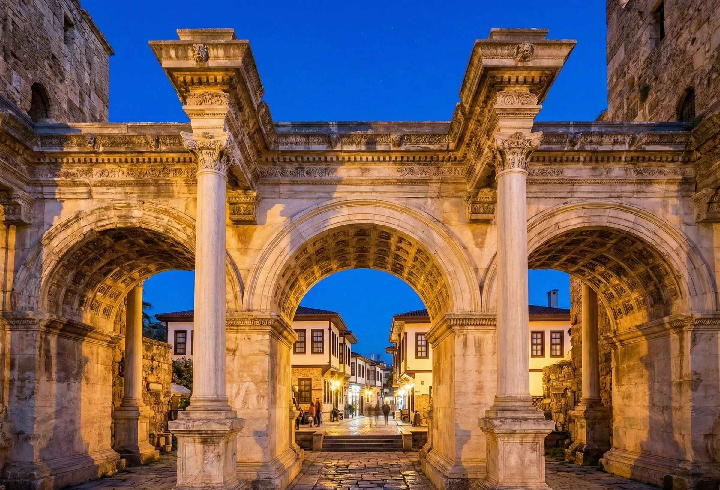 Evening view of the beautifully illuminated Roman-era Hadrian's Gate, the historic entrance to Kaleiçi Old Town in Antalya, Turkey.