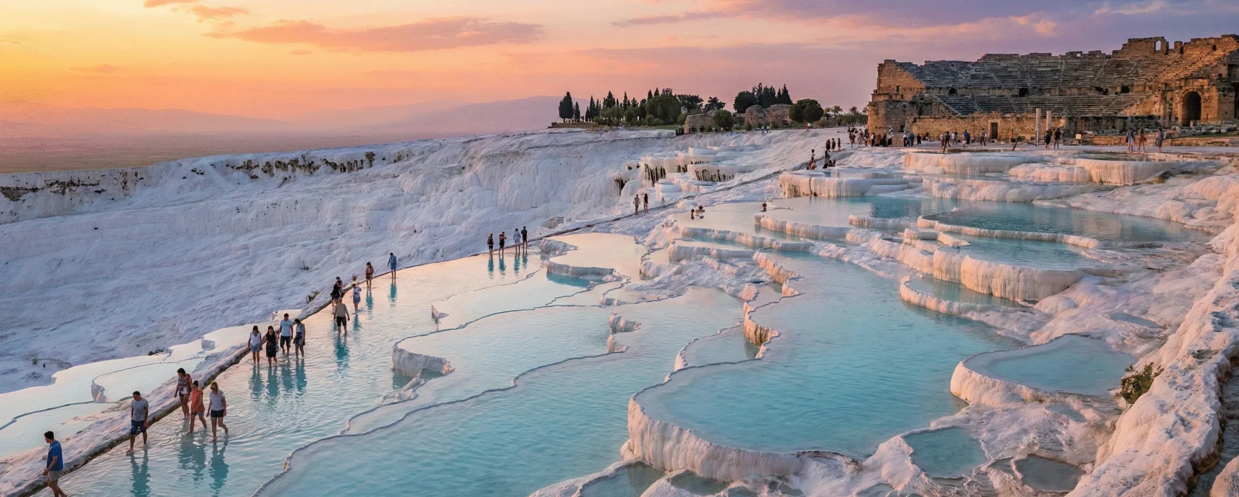 Sunset view of the stunning white travertine terraces and turquoise thermal pools of Pamukkale, one of the most unique places to visit in Turkey.