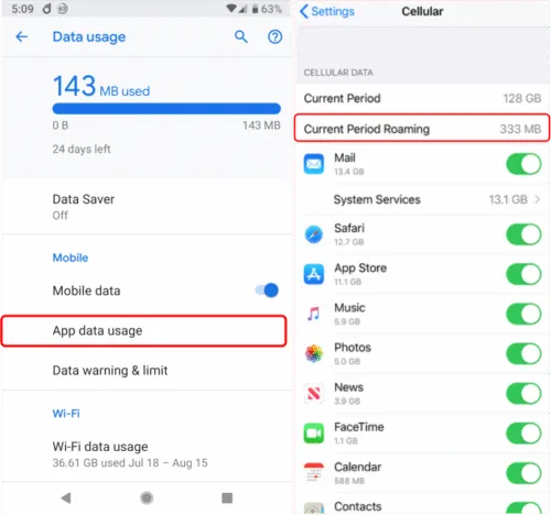 Android and iPhone settings screens showing mobile data usage statistics, app level data consumption, and cellular data controls.